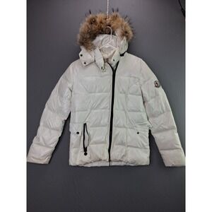 Moncler Puffer Jacket Fur Trim Hood White Size 1 S/M Quilted Down Coat Luxury